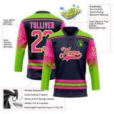 Custom Navy Pink Neon Green-White Gradient Sleeves Lace Neck Hockey Jersey