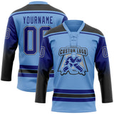 Custom Light Blue Royal Black-White Gradient Sleeves Lace Neck Hockey Jersey