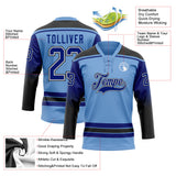Custom Light Blue Royal Black-White Gradient Sleeves Lace Neck Hockey Jersey