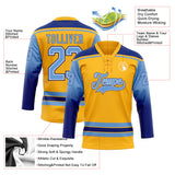 Custom Gold Light Blue Royal-White Gradient Sleeves Lace Neck Hockey Jersey