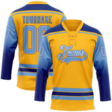 Custom Gold Light Blue Royal-White Gradient Sleeves Lace Neck Hockey Jersey