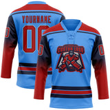 Custom Powder Blue Red Navy-White Gradient Sleeves Lace Neck Hockey Jersey