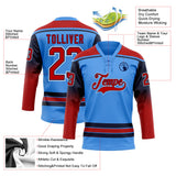 Custom Powder Blue Red Navy-White Gradient Sleeves Lace Neck Hockey Jersey