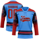 Custom Powder Blue Red Navy-White Gradient Sleeves Lace Neck Hockey Jersey