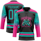 Custom Black Aqua-Pink Gradient Sleeves Lace Neck Hockey Jersey