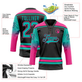 Custom Black Aqua-Pink Gradient Sleeves Lace Neck Hockey Jersey