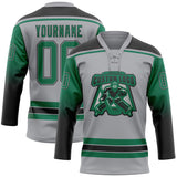 Custom Gray Kelly Green-Black Gradient Sleeves Lace Neck Hockey Jersey