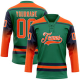 Custom Kelly Green Orange Navy-White Gradient Sleeves Lace Neck Hockey Jersey