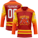 Custom Red White Yellow-Orange Gradient Sleeves Lace Neck Hockey Jersey