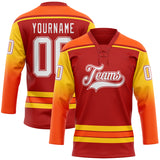 Custom Red White Yellow-Orange Gradient Sleeves Lace Neck Hockey Jersey