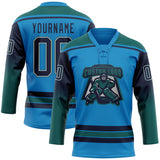 Custom Blue Navy Teal-White Gradient Sleeves Lace Neck Hockey Jersey