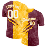 Custom Graffiti Pattern White Burgundy-Gold Scratch 3D Performance T-Shirt