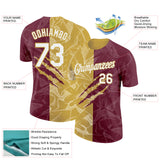 Custom Graffiti Pattern White Burgundy-Old Gold Scratch 3D Performance T-Shirt