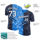 Custom Graffiti Pattern White Navy-Powder Blue Scratch 3D Performance T-Shirt