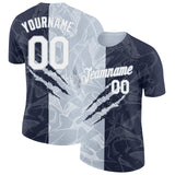 Custom Graffiti Pattern White Navy-Silver Scratch 3D Performance T-Shirt