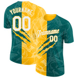 Custom Graffiti Pattern White Teal-Gold Scratch 3D Performance T-Shirt