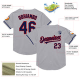 Custom Gray Navy-Red Mesh Authentic Throwback Baseball Jersey