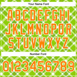 Custom Neon Green Bay Orange-White Check Board 3D Pattern Design Bomber Full-Snap Varsity Letterman Jacket