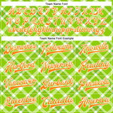 Custom Neon Green Bay Orange-White Check Board 3D Pattern Design Bomber Full-Snap Varsity Letterman Jacket