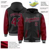 Custom Black Crimson-Gray Bomber Full-Snap Varsity Letterman Two Tone Hoodie Jacket