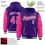 Custom Purple Pink-White Bomber Full-Snap Varsity Letterman Two Tone Hoodie Jacket