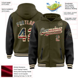 Custom Olive Vintage USA Flag Cream-Black Bomber Full-Snap Varsity Letterman Two Tone Salute To Service Hoodie Jacket