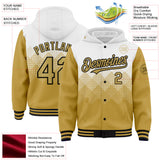 Custom White Old Gold-Black Gradient Square Shape 3D Pattern Design Bomber Full-Snap Varsity Letterman Hoodie Jacket