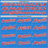 Custom Powder Blue Red-White Bomber Full-Snap Varsity Letterman Hoodie Jacket