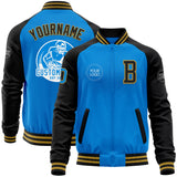 Custom Powder Blue Old Gold-Black Bomber Varsity Letterman Two Tone Zipper Jacket