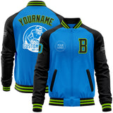 Custom Powder Blue Neon Green-Black Bomber Varsity Letterman Two Tone Zipper Jacket
