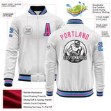 Custom White Sky Blue Black-Pink Bomber Varsity Letterman Zipper Jacket