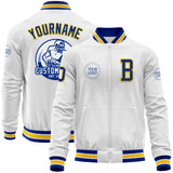 Custom White Royal-Yellow Bomber Varsity Letterman Zipper Jacket