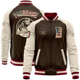 Custom Brown Vintage USA Flag Cream-Maroon Bomber Varsity Letterman Two Tone Zipper Jacket