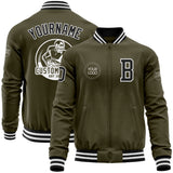 Custom Olive Black-White Bomber Varsity Letterman Salute To Service Zipper Jacket