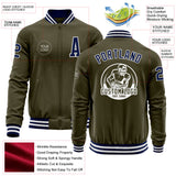 Custom Olive Navy-White Bomber Varsity Letterman Salute To Service Zipper Jacket