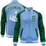 Custom Light Blue White-Kelly Green Bomber Varsity Letterman Two Tone Zipper Jacket