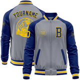 Custom Gray Yellow-Royal Bomber Varsity Letterman Two Tone Zipper Jacket