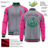 Custom Gray Kelly Green-Pink Bomber Varsity Letterman Two Tone Zipper Jacket