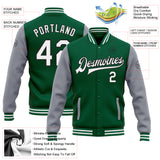 Custom Kelly Green White Gray-Black Bomber Full-Snap Varsity Letterman Two Tone Jacket