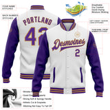 Custom White Purple-Old Gold Bomber Full-Snap Varsity Letterman Two Tone Jacket