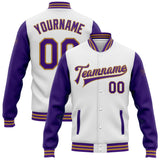 Custom White Purple-Old Gold Bomber Full-Snap Varsity Letterman Two Tone Jacket