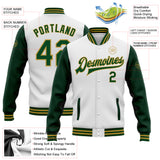 Custom White Green-Old Gold Bomber Full-Snap Varsity Letterman Two Tone Jacket