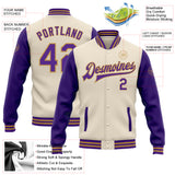 Custom Cream Purple-Old Gold Bomber Full-Snap Varsity Letterman Two Tone Jacket