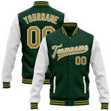 Custom Green Old Gold-White Bomber Full-Snap Varsity Letterman Two Tone Jacket