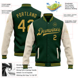 Custom Green Old Gold-Cream Bomber Full-Snap Varsity Letterman Two Tone Jacket