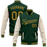 Custom Green Old Gold-Cream Bomber Full-Snap Varsity Letterman Two Tone Jacket