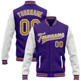 Custom Purple Old Gold-White Bomber Full-Snap Varsity Letterman Two Tone Jacket