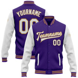 Custom Purple White-Old Gold Bomber Full-Snap Varsity Letterman Two Tone Jacket