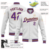 Custom White Purple-Old Gold Bomber Full-Snap Varsity Letterman Jacket
