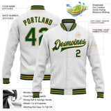 Custom White Green-Old Gold Bomber Full-Snap Varsity Letterman Jacket